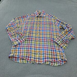 St Croix Shirt Mens Large Button Up Linen Plaid Italy Long Sleeve Contemporary
